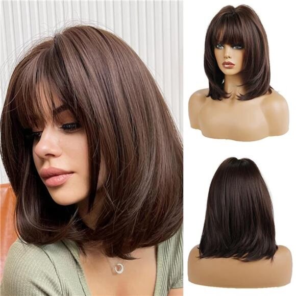 14 Inches Short Dark Brown Bob Wigs Straight with Bangs Slightly Curved Hair